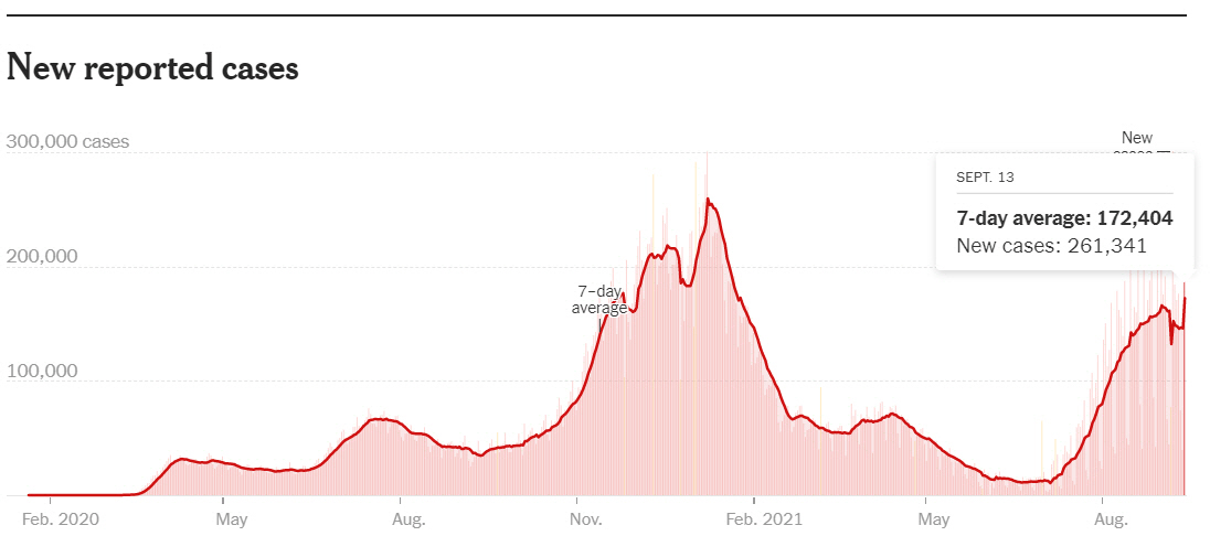 ▲코로나19 일주일간 하루 평균 확진자 수 추이. 13일(현지시간) 기준 17만2404명. 출처 뉴욕타임스(NYT)