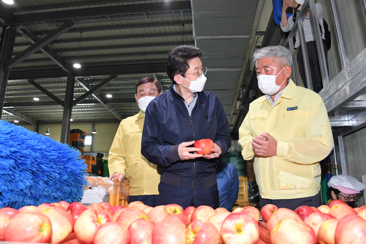 ▲이억원 기획재정부 차관이 9월 15일 충남 예산능금농협 유통센터를 방문- 선별장을 둘러보며 관계자의 설명을 듣고 있다. (사진제공=기획재정부)