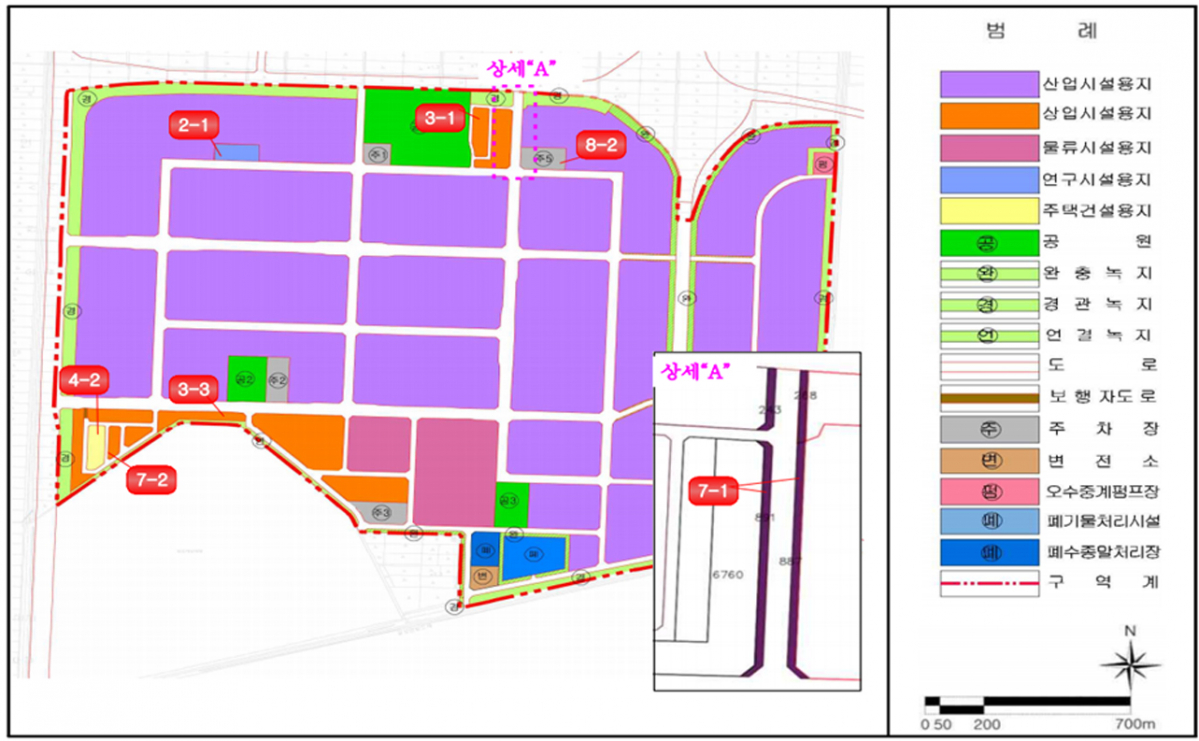 ▲(2-1) KTR 연구시설용지, (3-1) 이주단지→상업‧업무용지, (8-2) 북측 주차장 신설, (4-2) 이주단지, (3-3) 주차장→상업‧업무용지, (7-1) 내부간선도로 확장, (7-2) 이주단지 주변도로 신설, (자료=산업통상자원부)