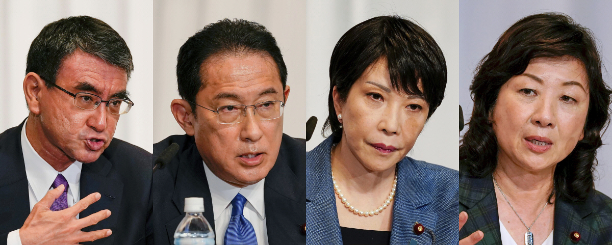 ▲일본 자민당 총재 선거 출마자들. 왼쪽부터 고노 다로 행정개혁담당상, 기시다 후미오 전 자민당 정무조사회장, 다카이치 사나에 전 총무상, 노다 세이코 자민당 간사장 대행. AP연합뉴스
