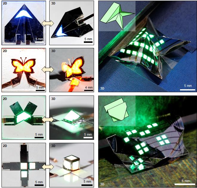 ▲3차원 폴더블 QLED는 2차원과 3차원 구조 간 변형이 자유로워 사용자가 원하는 형태로 자유자재로 접을 수 있다. (사진제공=기초과학연구원)