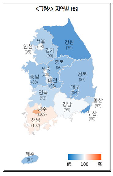 ▲지역별로는 광주형 일자리 첫 제품 출시의 영향을 받는 광주(109)를 비롯해 전남(102), 세종(100) 3곳이 높았고, 강원(79), 부산(80), 대구(84) 등 14곳은 기준치를 밑돌았다. (사진=대한상의 '2021년 4분기 제조업체 경기전망지수 조사')