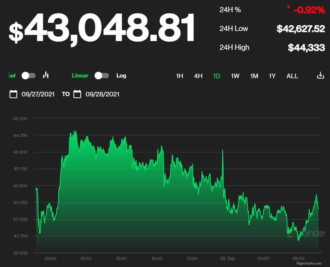 ▲비트코인 가격 변동 추이. 28일 오전 7시 48분 현재 4만3048.81달러. 출처 코인데스크