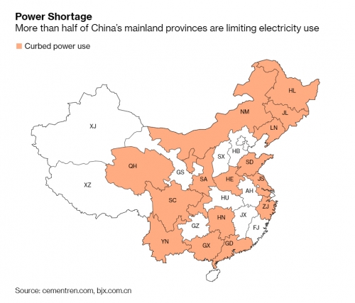 ▲중국의 전력 사용 제한 적용 지역. 노란색이 해당. 출처 블룸버그
