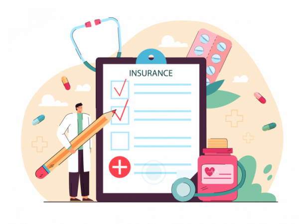 ▲Tiny doctor giving health insurance. Hospital man with pencil filling in medical form flat vector illustration. Healthcare, money security concept for banner, website design or landing web page (게티이미지뱅크)