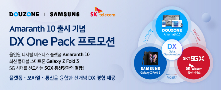 ▲더존비즈온은 비즈니스 플랫폼·모바일·통신이 융합된 신개념 디지털 전환(DX) 패키지 ‘DX One Pack’을 출시하고, 올 연말까지 Amaranth 10 도입 고객사를 대상으로 삼성전자, SK telecom과 함께 프로모션을 진행한다. (제공=더존비즈온)