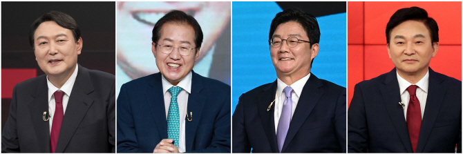 ▲국민의힘 대선 주자를 선출하는 2차 예비경선(컷오프)을 통과한 윤석열(왼쪽부터), 홍준표, 유승민, 원희룡 후보. (연합뉴스)