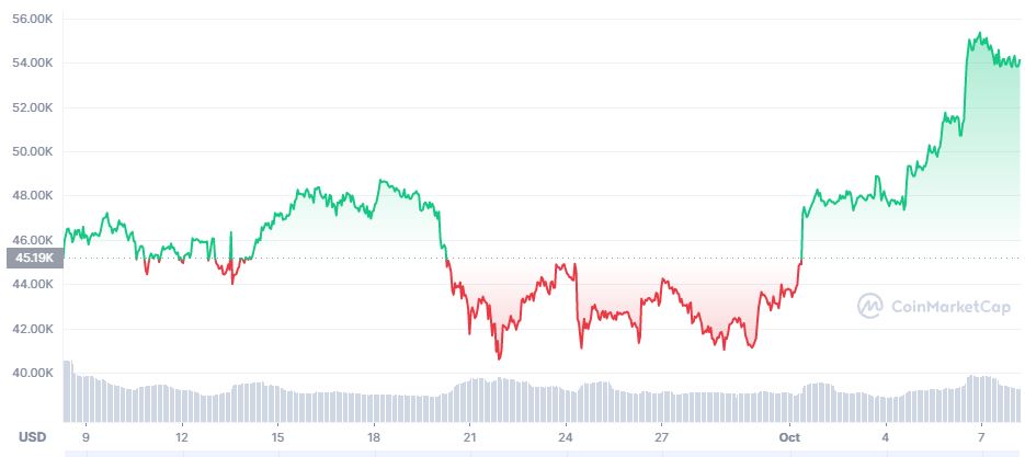 ▲한 달간 비트코인 가격 변화를 나타내는 차트 (코인마켓캡 캡처)
