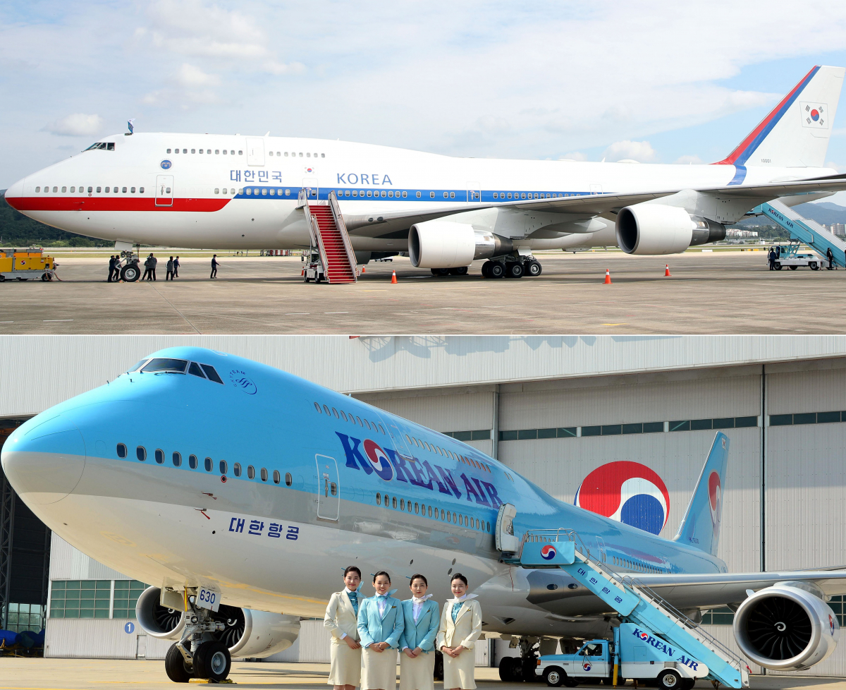 ▲기존 공군 1호기로 사용된 보잉 B747-400(위) 기종과 새 대통령 전용기로 채택된 공군 1호기인 보잉 B747-8i(아래) 기종. (뉴시스)