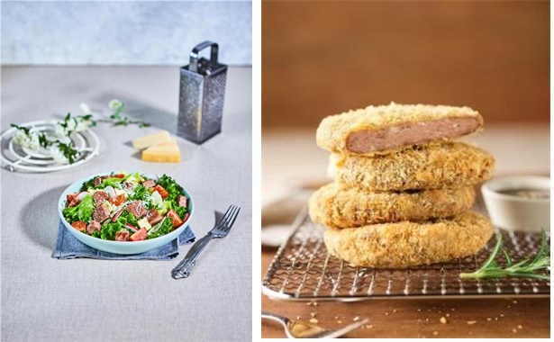 ▲에스와이솔루션이 개발한 대체 고기 패티 '농부씨'(왼쪽)와 식물성 돈가스 '팜까스'. (자료제공=농림축산식품부)