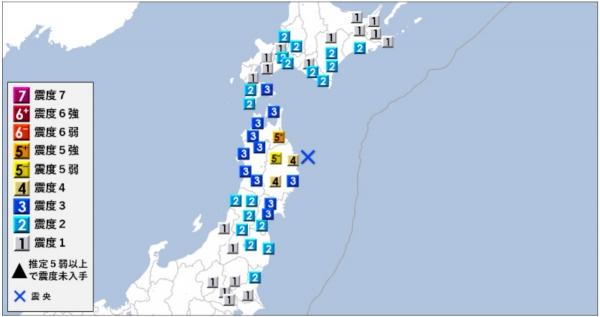 ▲일본 이와테현 모리오카 동북동쪽 해역(X 표시)에서 6일 진도 5.9의 지진이 발생했다. 출처 일본 기상청
