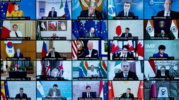 ▲12일(현지시간) 이탈리아 로마에서 열린 화상회의에서 아프가니스탄 G20 정상회의에 참석한 참가국들의 모습이 보인다. 로마/EPA연합뉴스
