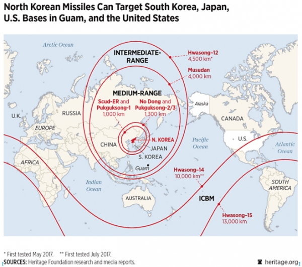 ▲북한의 미사일 사거리 능력. 출처 헤리티지 재단 홈페이지 캡처.
