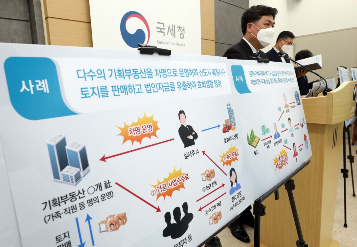 ▲올해 5월 국세청 개발지역 부동산탈세 특별조사단이 토지취득 자금출처 부족자 등에 대해 세무조사에 대해 브리핑하고 있다.  (뉴시스)