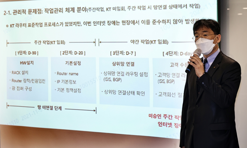 ▲서창석 네트워크혁신TF 전무가 1일 오전 서울 광화문 KT본사에서 열린 유무선 인터넷 서비스 장애 관련 설명회에서 재발방지대책을 발표하고 있다.  고이란 기자 photoeran@ (이투데이DB)