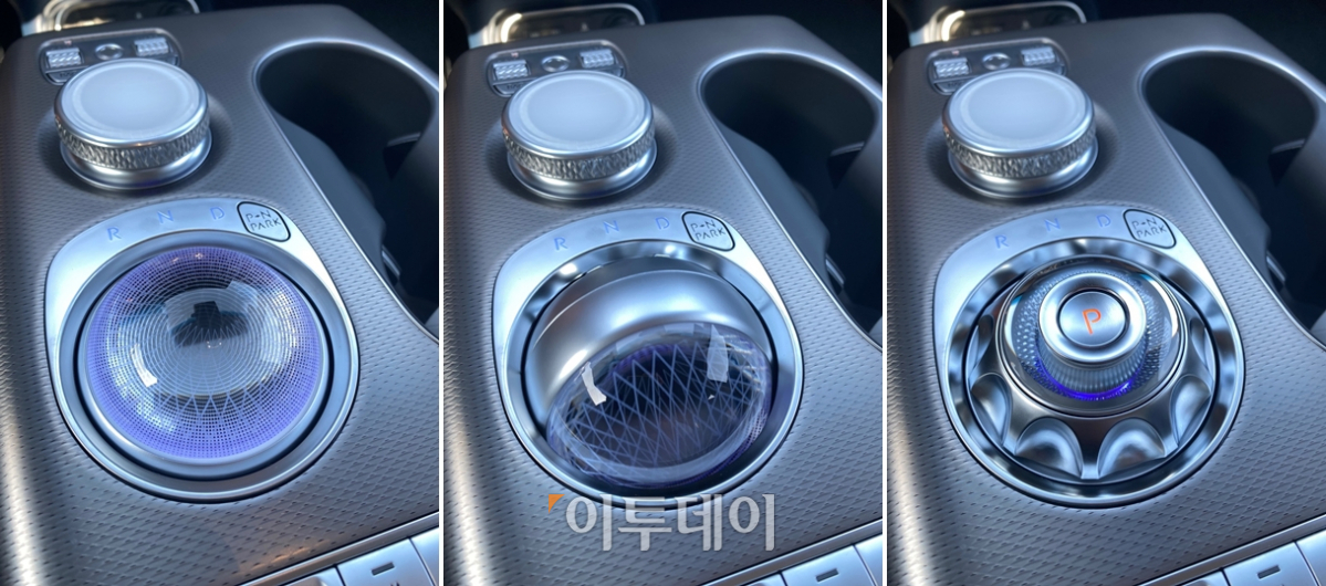 ▲'크리스털 스피어'라는 멋진 이름의 변속 다이얼도 매력 포인트. 반구(半球) 형태의 크리스털 '볼'은 시동을 걸면 잽싸게 뒤집어지면서 '시프트 다이얼'로 모습을 바꾼다.  (김준형 기자 junior@)