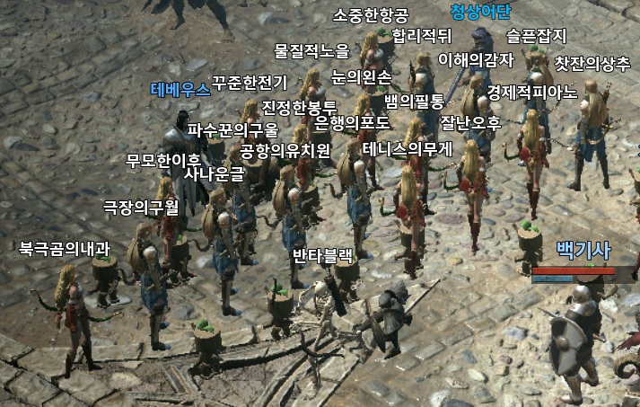 ▲리니지W에 유입된 게임 유저 중 작업장 캐릭터로 예측되는 캐릭터 무리. (사진= 엔씨소프트 커뮤니티 게시물 화면 캡처)