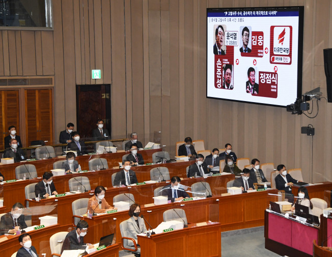 ▲11일 국회에서 열린 예산결산특별위원회에서 회의장 화면에 '고발사주' 의혹에 대한 질의 자료가 보이고 있다.  (연합뉴스)