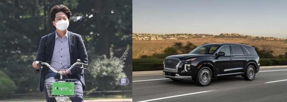 ▲지난 6월 13일 이준석 국민의힘 대표가 따릉이를 타고 국회로 출근하는 모습과 현대자동차 2022 팰리세이드 이미지. (연합뉴스)
