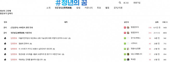 ▲홍준표 국민의힘 의원이 14일 개설한 청년 소통 플랫폼 ‘청년의꿈’의 '청문홍답' 페이지   (청년의꿈 홈페이지 캡처)