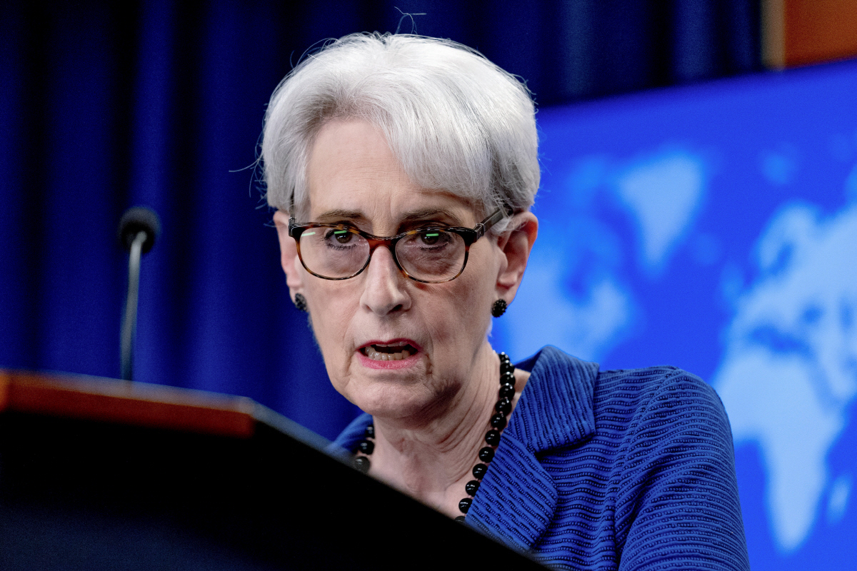 ▲웬디 셔먼 미국 국무부 부장관이 8월 18일 국무부에서 브리핑하고 있다. 워싱턴D.C./AP뉴시스
