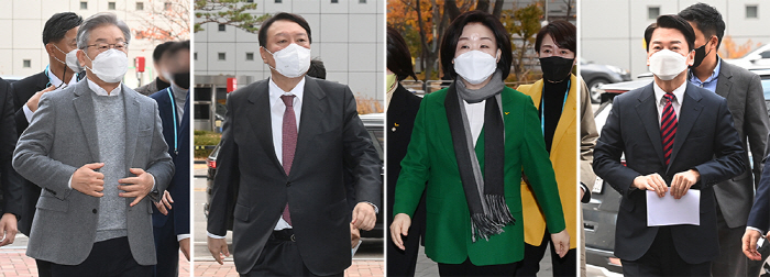 ▲더불어민주당 이재명(왼쪽부터), 국민의힘 윤석열, 정의당 심상정, 국민의당 안철수 대선 후보가 18일 오전 SBS D 포럼 '5천만의 소리, 지휘자를 찾습니다'에 참석하기 위해 서울 마포구 SBS 프리즘타워로 들어가고 있다.  (국회사진기자단)