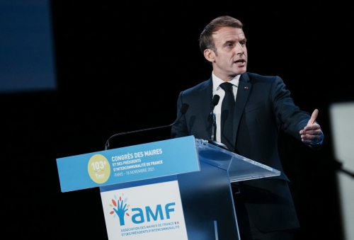 ▲에마뉘엘 마크롱 프랑스 대통령이 18일(현지시간) 파리 금융시장청에서 열린 연례 시장 회의 ‘AMF’에 참석하고 있다. 파리/AP뉴시스
