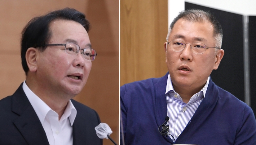 ▲김부겸(왼쪽) 국무총리가 22일 현대자동차그룹과 청년 일자리 창출 파트너십을 맺는다. 정의선 현대차그룹 회장은 이 자리에서 4만 개 이상의 청년 일자리 창출을 약속할 것으로 알려졌다.  (사진제공=이투데이DB/현대차그룹)