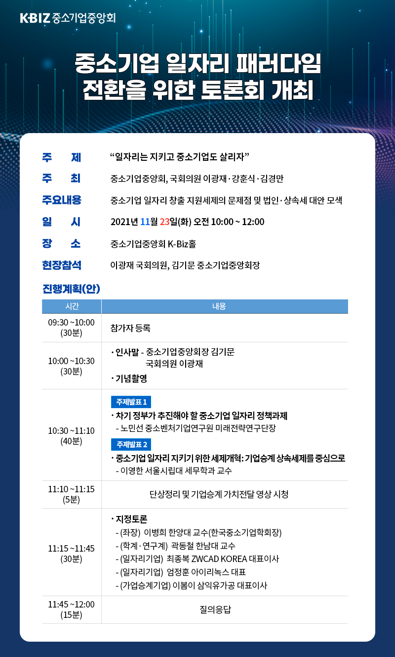 ▲중소기업 일자리 패러다임 전환을 위한 토론회 개최 포스터. (사진제공=이광재 의원실)