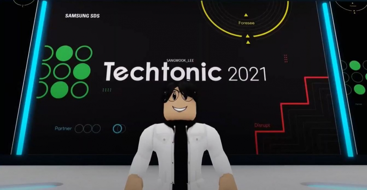 ▲이상욱 삼성SDS연구소장이 23일 메타버스 플랫폼 '로블록스'에 구축된 '테크토닉 파크'에 3D 아바타로 등장했다. (사진제공=삼성SDS)