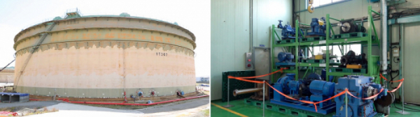 ▲울산CLX의 원유저장탱크 / (우) 울산CLX 내에서 철거된 설비들 (사진제공=SK이노베이션)