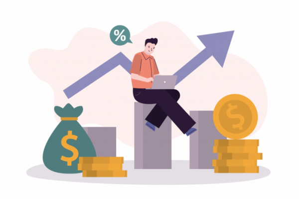 ▲Businessman successfully invests online. Handsome man with laptop analyzes investment growth. Concept of investment and banking. Economics strategy and finance management. Flat vector illustration (게티이미지뱅크)