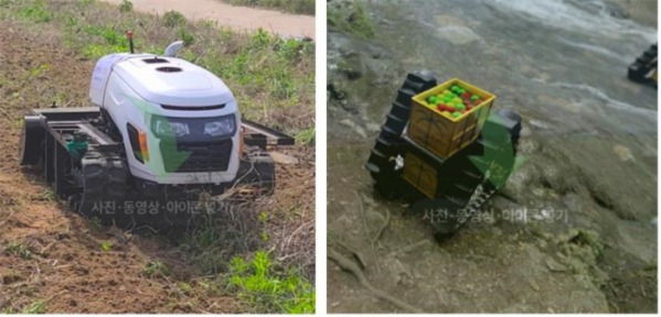 ▲심바이오틱이 개발한 무인트랙터(왼쪽)와 AI 운반차. (자료제공=농림축산식품부)