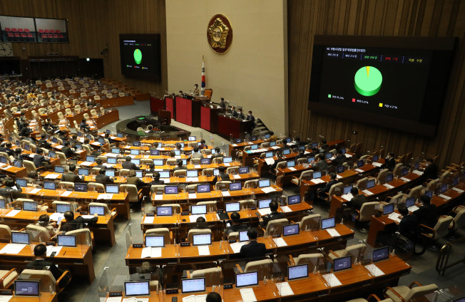▲아동수당 지급 대상 연령을 현재 만 7세 미만에서 만 8세 미만으로 확대하는 내용의 아동수당법 개정안이 2일 오후 국회 본회의에서 통과되고 있다. (연합뉴스)