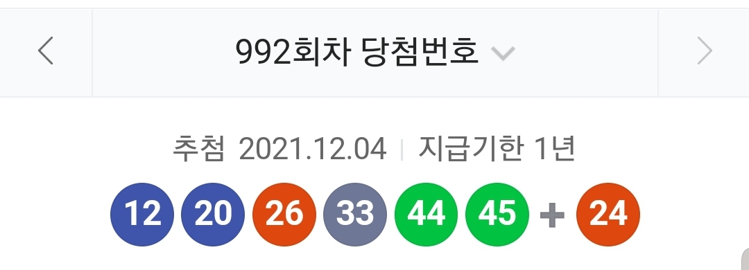 ▲992회 로또 당첨번호. (사진=네이버 갈무리)
