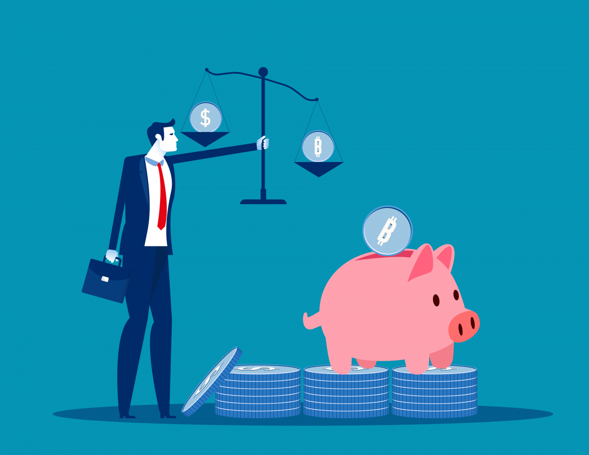 ▲Trader holds scales with coins. Invests savings in bitcoin, Growth of bitcoin rate (게티이미지뱅크)