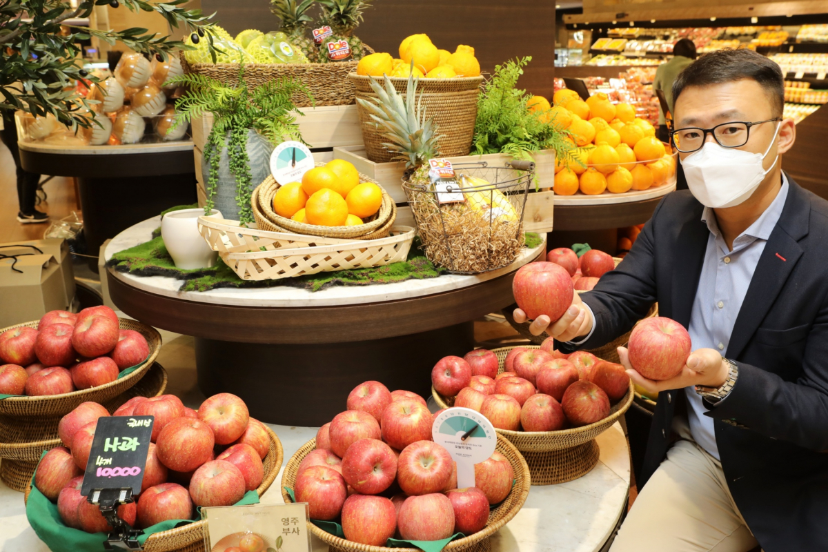 ▲9일 서울 강남구 대치동 롯데백화점 강남점 식품관에서 청과 전문 바이어가 과일을 직접 고르고 있다.  (사진제공=롯데백화점)