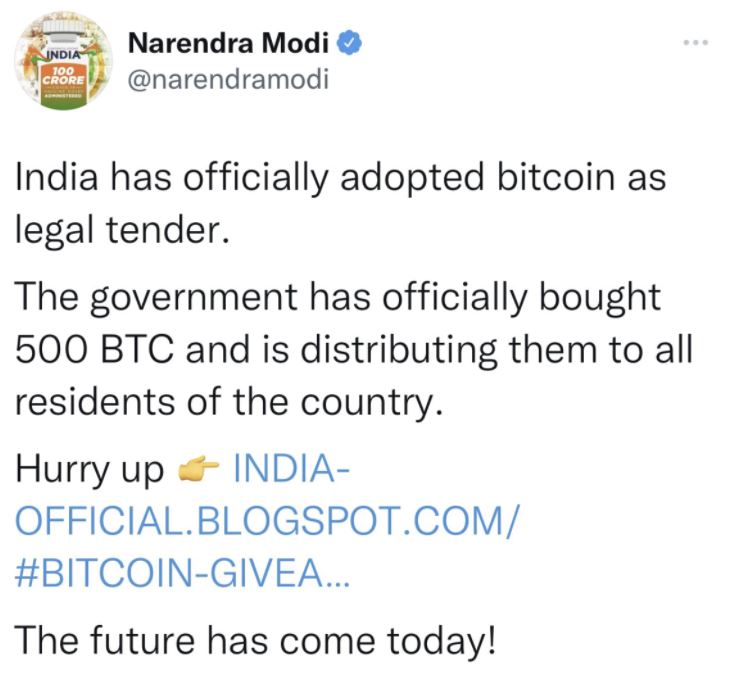 ▲나렌드라 모디 개인 트위터 계정이 12일(현지시간) 해킹돼 비트코인 법정화폐 채택 가짜뉴스가 게재됐다. 해당 트윗은 현재 삭제된 상태다. 출처 트위터 캡처