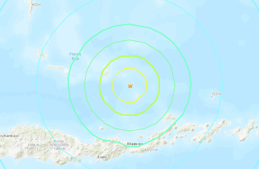 ▲미국 지질조사국(USGS)이 14일 인도네시아에서 발생한 지진의 진앙을 공개했다. 출처 USGS 웹사이트