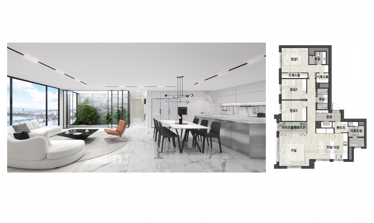 ▲101㎡ 타워형 타입 내부 투시도 및 평면도 (자료제공=포스코건설)