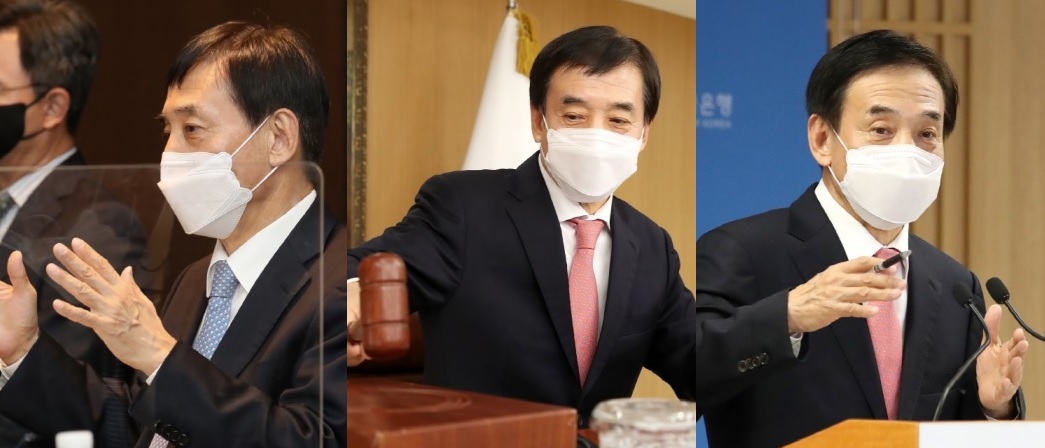 ▲이주열 한국은행 총재가 11월부터 공식행사에서 한은의 상징이라 할 수 있는 휘장(일명 행표)을 달지 않고 있다. 사진은 왼쪽부터 지난달 11일 경제동향간담회, 전달 25일 금통위, 이달 16일 송년기자간담회를 겸한 물가안정목표 운영상황 점검 기자회견 모습. (한국은행)