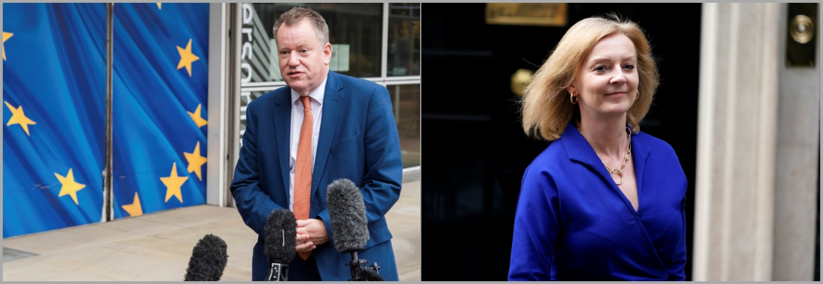 ▲돌연 사퇴를 선언한 데이비드 프로스트(왼쪽) 영국 브렉시트 장관과 후임으로 임명된 리즈 트러스 외무장관. AP뉴시스