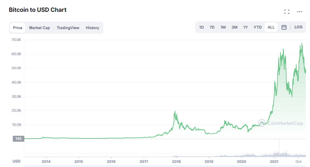▲비트코인 가격 추이. 21일(한국시간) 오후 2시 15분 현재 4만8717.10달러. 출처 코인마켓캡 
