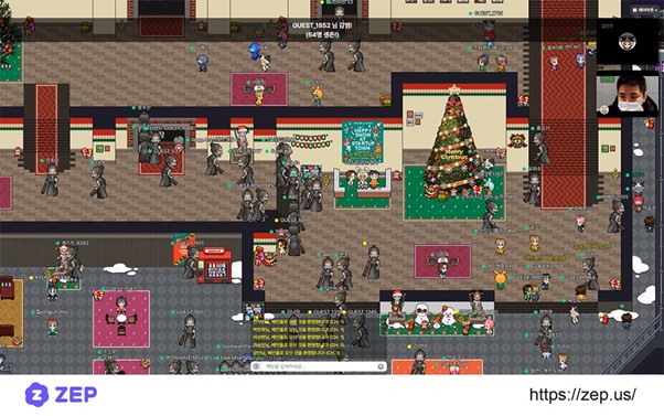 ▲16일, 17일 양일간 메타버스 플랫폼 '젭'(ZEP)에서 개최된 스타트업유니온 채용설명회 ‘2021 Happy snow at Startup town’ 중 좀비 게임이 진행되고 있다. (사진제공=슈퍼캣)