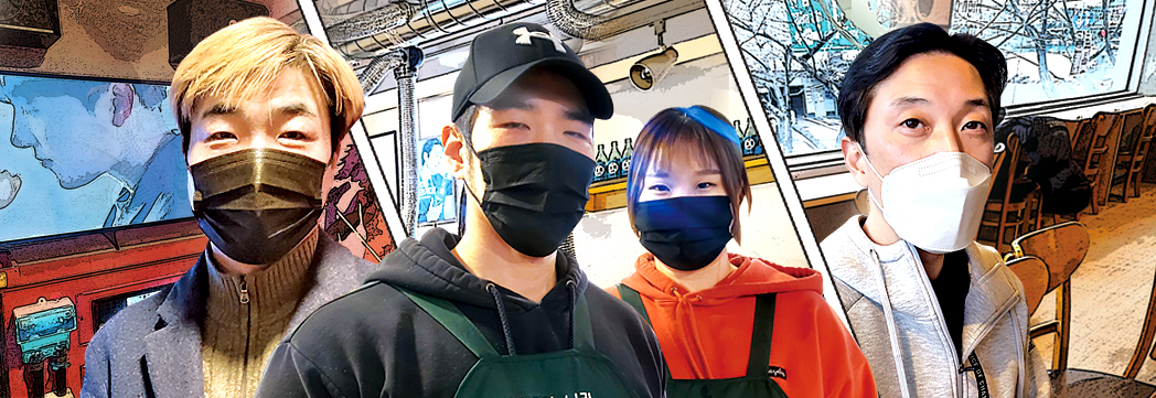 ▲(왼쪽부터) 이재인 한국코인노래연습장협회 이사, 강남서 식당을 운영하는 이명진·조민지 부부, 고장수 전국카페사장연합회장.