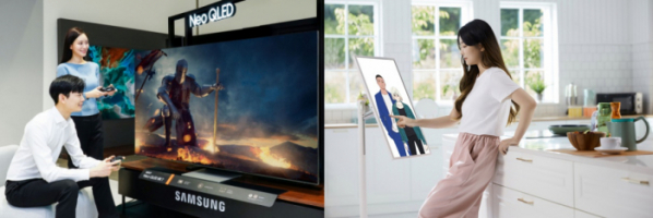 ▲삼성전자 Neo QLED TV 게이밍 기능(왼쪽), LG전자 스탠바이미에 카카오웹툰 서비스(오른쪽) (사진제공=삼성전자, LG전자 )