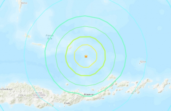 ▲미국 지질조사국(USGS)이 14일 인도네시아에서 발생한 지진의 진앙을 공개했다. 출처 USGS 웹사이트
