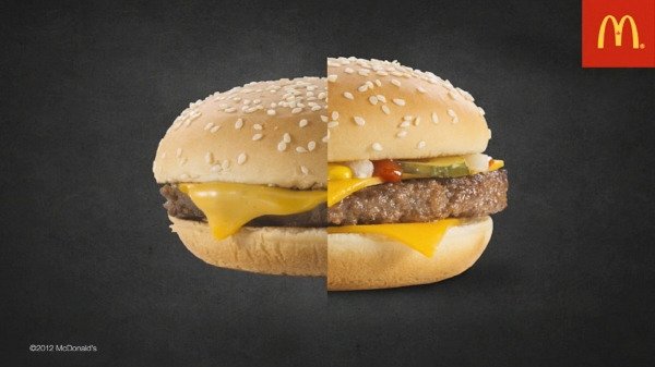 ▲광고용 햄버거 이미지와 일반 햄버거.
 (출처=맥도날트 캐나다 유튜브 캡처)