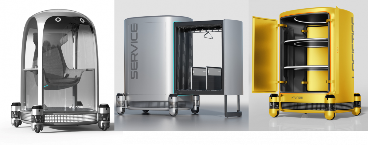 ▲현대차가 공개한 PnD 모듈 기반의 모빌리티 콘셉트. 왼쪽부터 퍼스널 모빌리티, 서비스 모빌리티, 로지스틱스 모빌리티.  (사진제공=현대차)