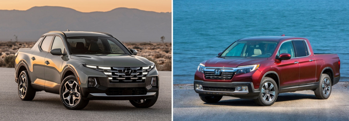 ▲미국 현지에서 주요 경쟁모델이 겹치는 현대차와 미국 혼다의 경쟁이 내년부터 본격화될 것으로 전망된다. 모노코크 보디 타입의 픽업으로 등장해 인기를 누리고 있는 혼다 릿지라인(오른쪽)과 이에 맞서 현대차가 현지 전략형으로 출시한 싼타크루즈(왼쪽)의 모습.  (출처=HMA / 혼다뉴스룸)